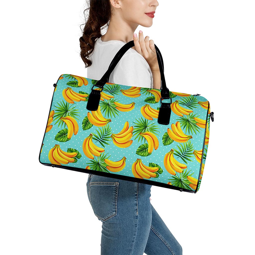Banana Palm Leaf Pattern Print Leather Duffle Bag