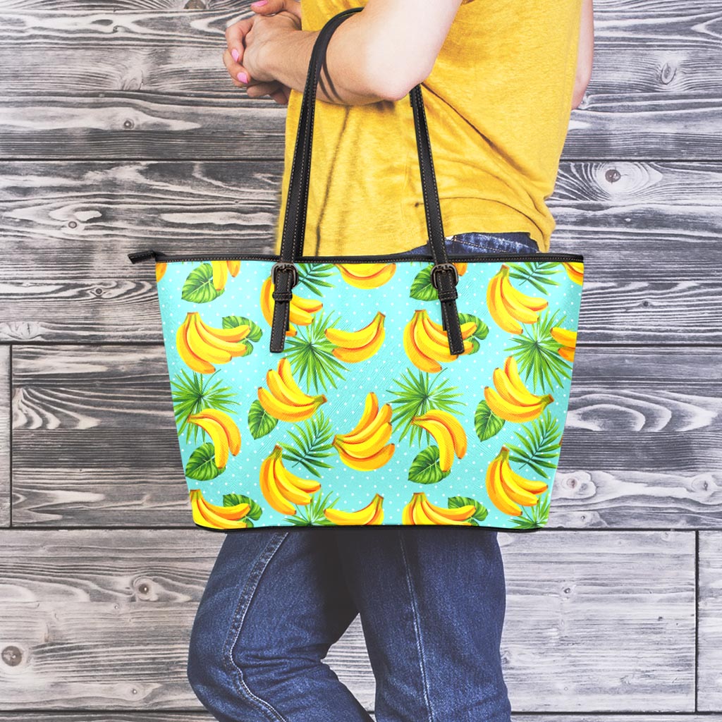 Banana Palm Leaf Pattern Print Leather Tote Bag