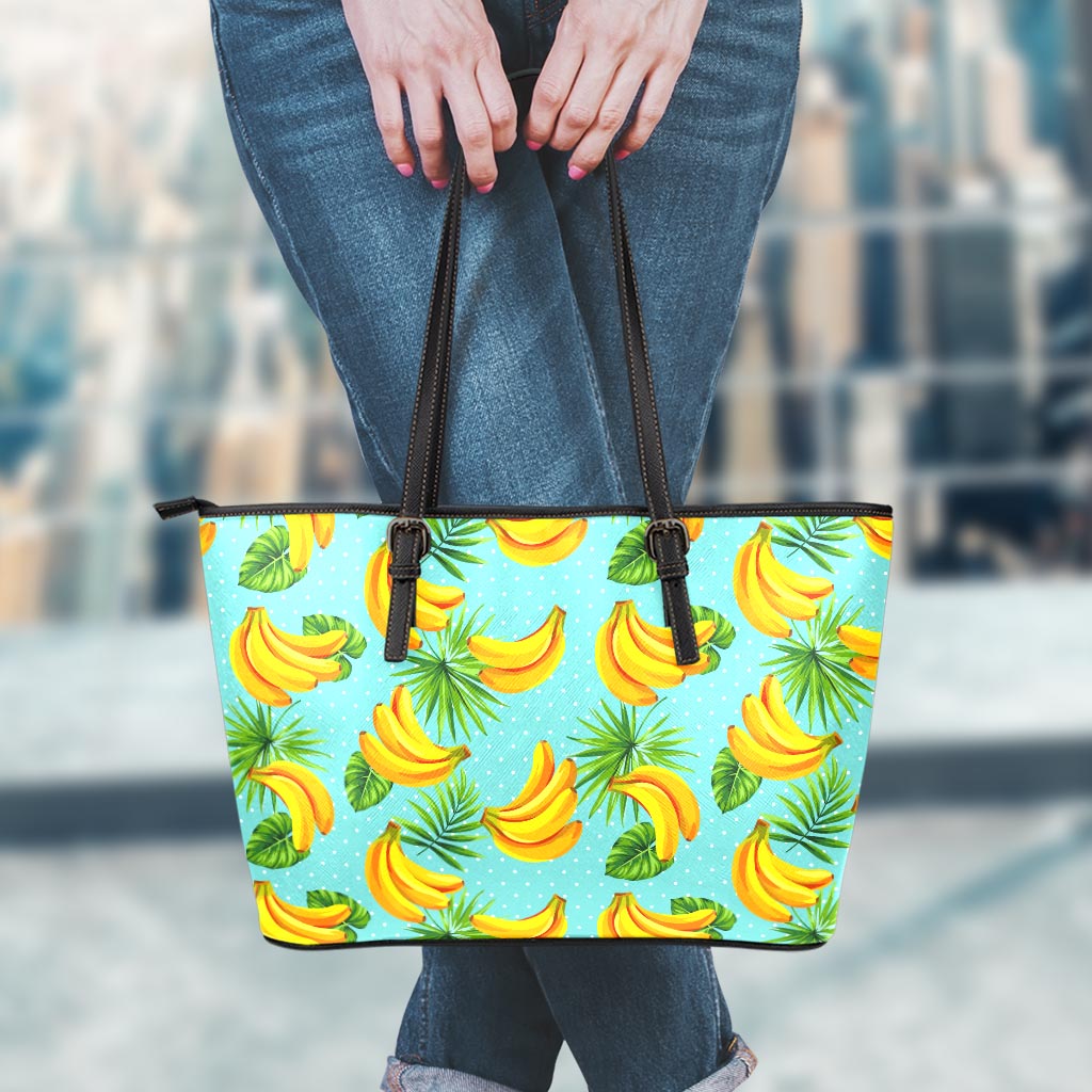 Banana Palm Leaf Pattern Print Leather Tote Bag