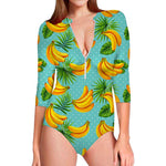 Banana Palm Leaf Pattern Print Long Sleeve Swimsuit
