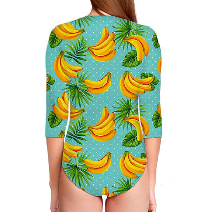 Banana Palm Leaf Pattern Print Long Sleeve Swimsuit