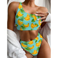 Banana Palm Leaf Pattern Print One Shoulder Bikini Set