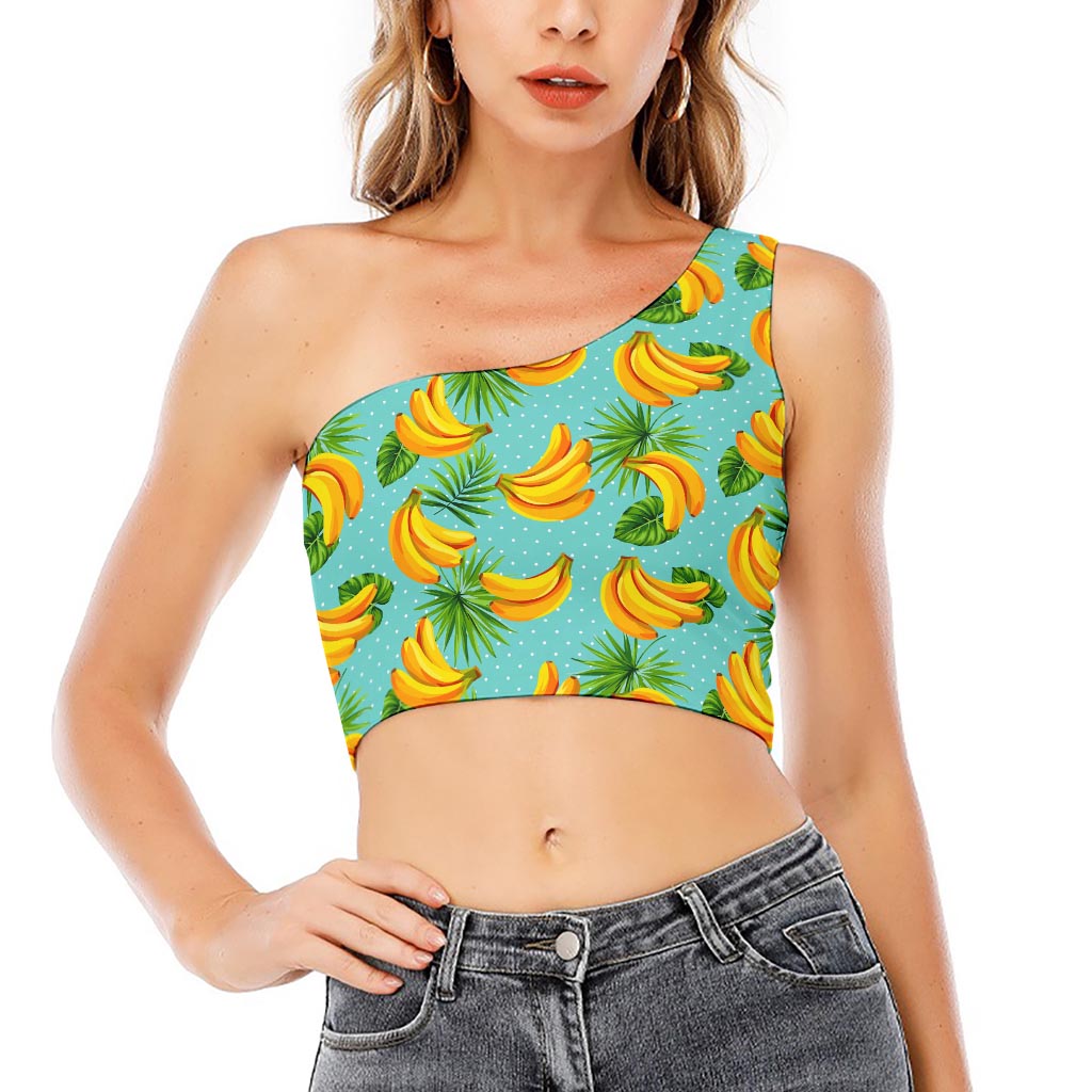 Banana Palm Leaf Pattern Print One Shoulder Crop Top