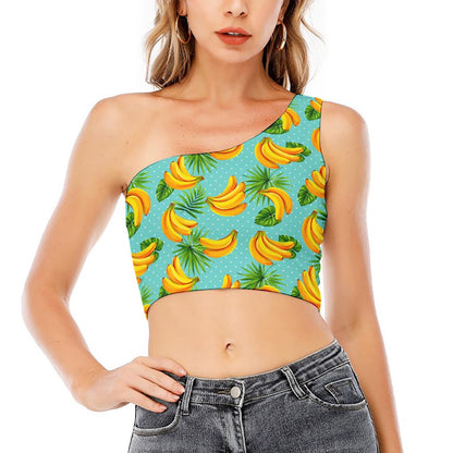 Banana Palm Leaf Pattern Print One Shoulder Crop Top