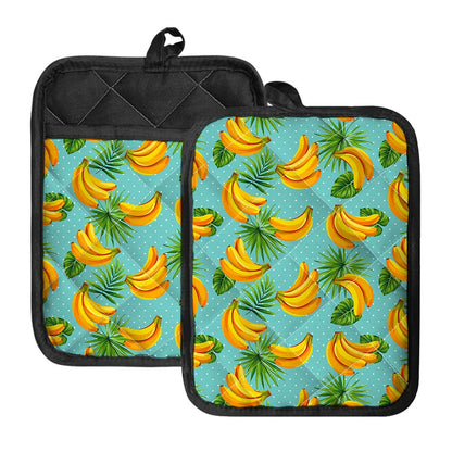 Banana Palm Leaf Pattern Print Pot Holders With Pocket
