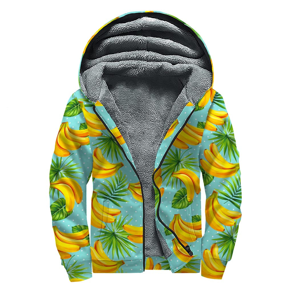 Banana Palm Leaf Pattern Print Sherpa Lined Zip Up Hoodie