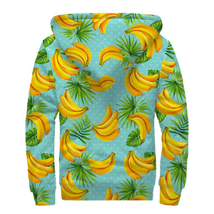 Banana Palm Leaf Pattern Print Sherpa Lined Zip Up Hoodie