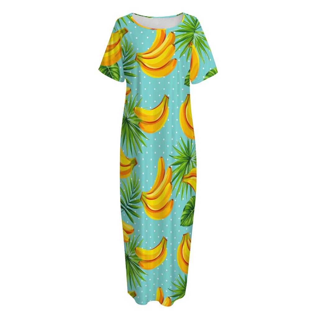 Banana Palm Leaf Pattern Print Short Sleeve Long Nightdress
