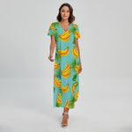 Banana Palm Leaf Pattern Print Short Sleeve Maxi Dress