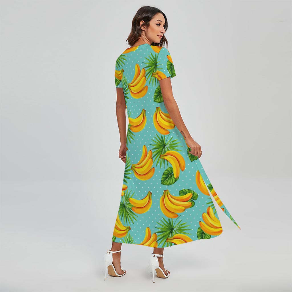 Banana Palm Leaf Pattern Print Short Sleeve Maxi Dress