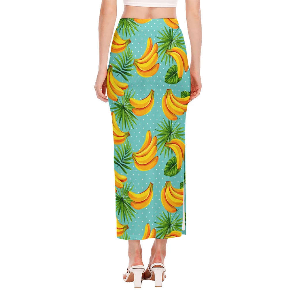 Banana Palm Leaf Pattern Print Side Slit Maxi Skirt