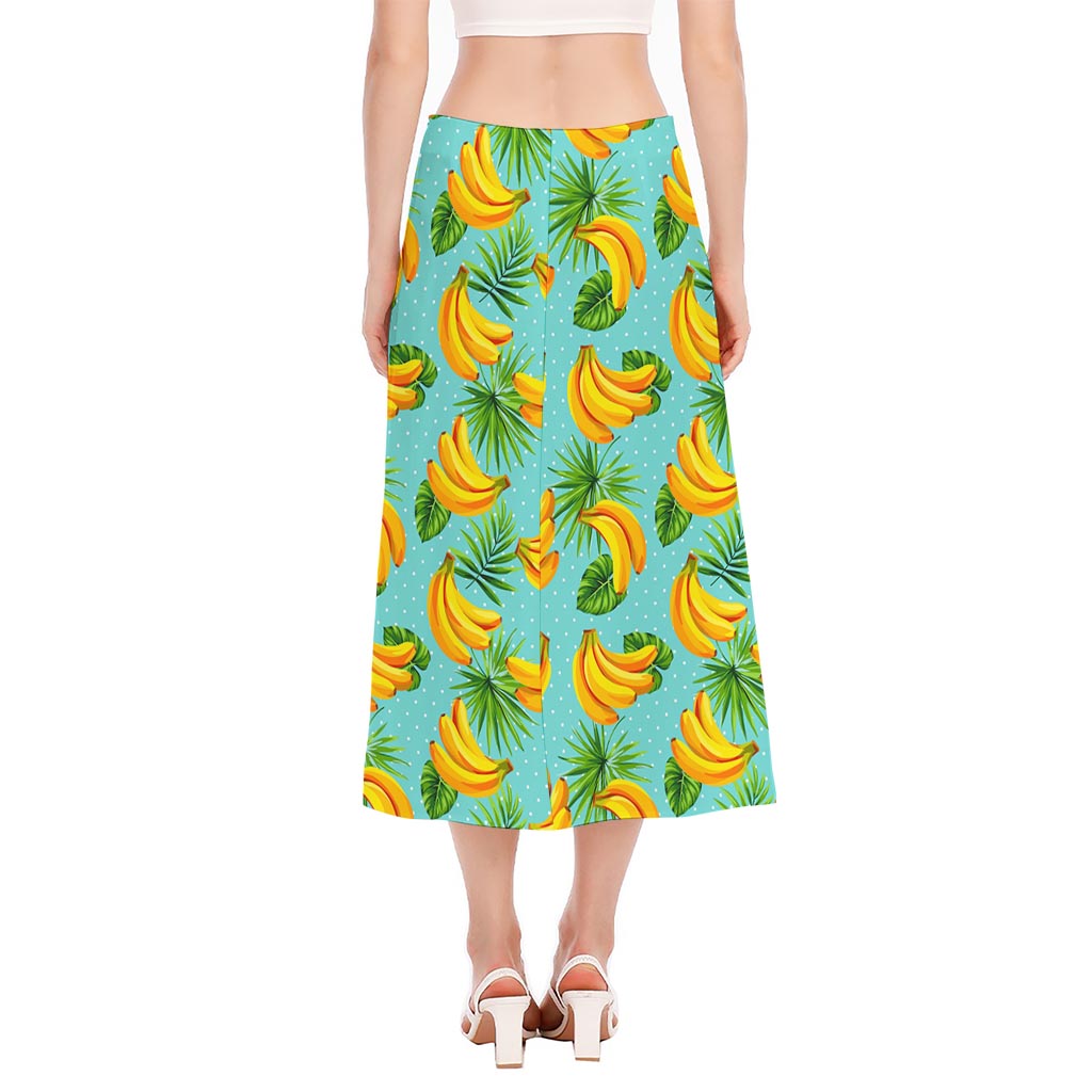 Banana Palm Leaf Pattern Print Side Slit Midi Skirt