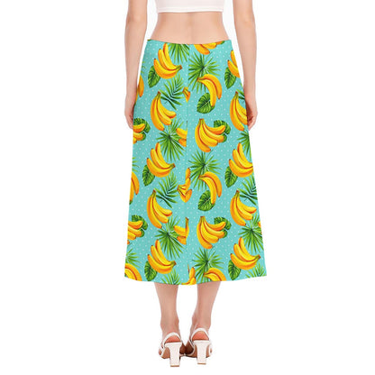 Banana Palm Leaf Pattern Print Side Slit Midi Skirt