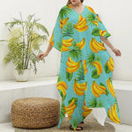 Banana Palm Leaf Pattern Print Silk V-Neck Kaftan Dress