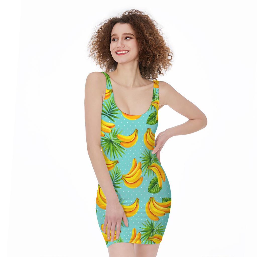 Banana Palm Leaf Pattern Print Sleeveless Bodycon Dress