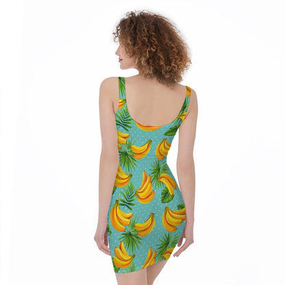 Banana Palm Leaf Pattern Print Sleeveless Bodycon Dress