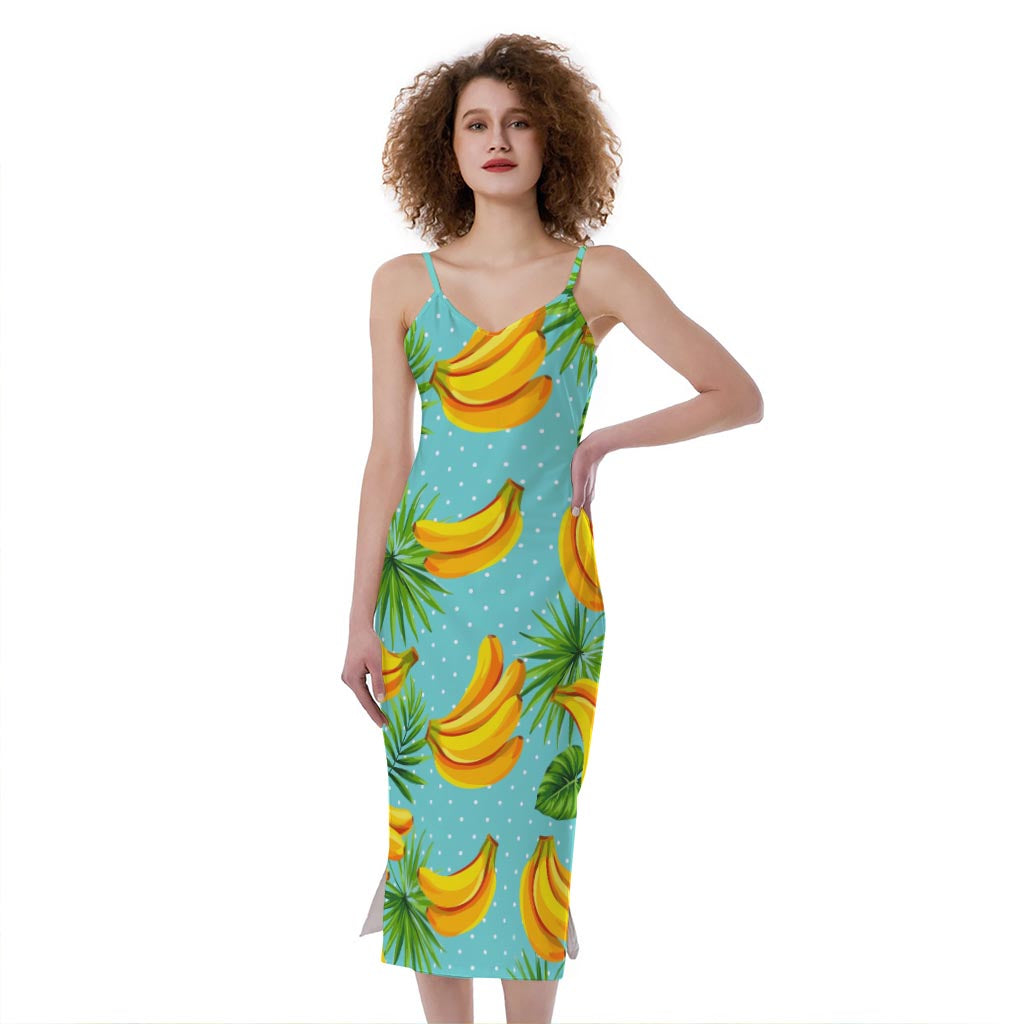 Banana Palm Leaf Pattern Print Slim Fit Midi Cami Dress