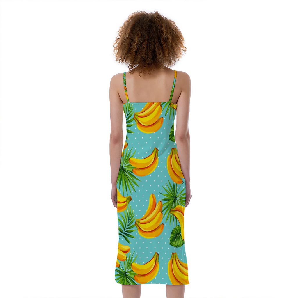 Banana Palm Leaf Pattern Print Slim Fit Midi Cami Dress