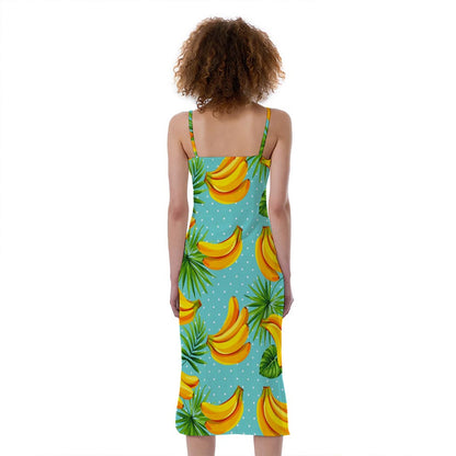 Banana Palm Leaf Pattern Print Slim Fit Midi Cami Dress