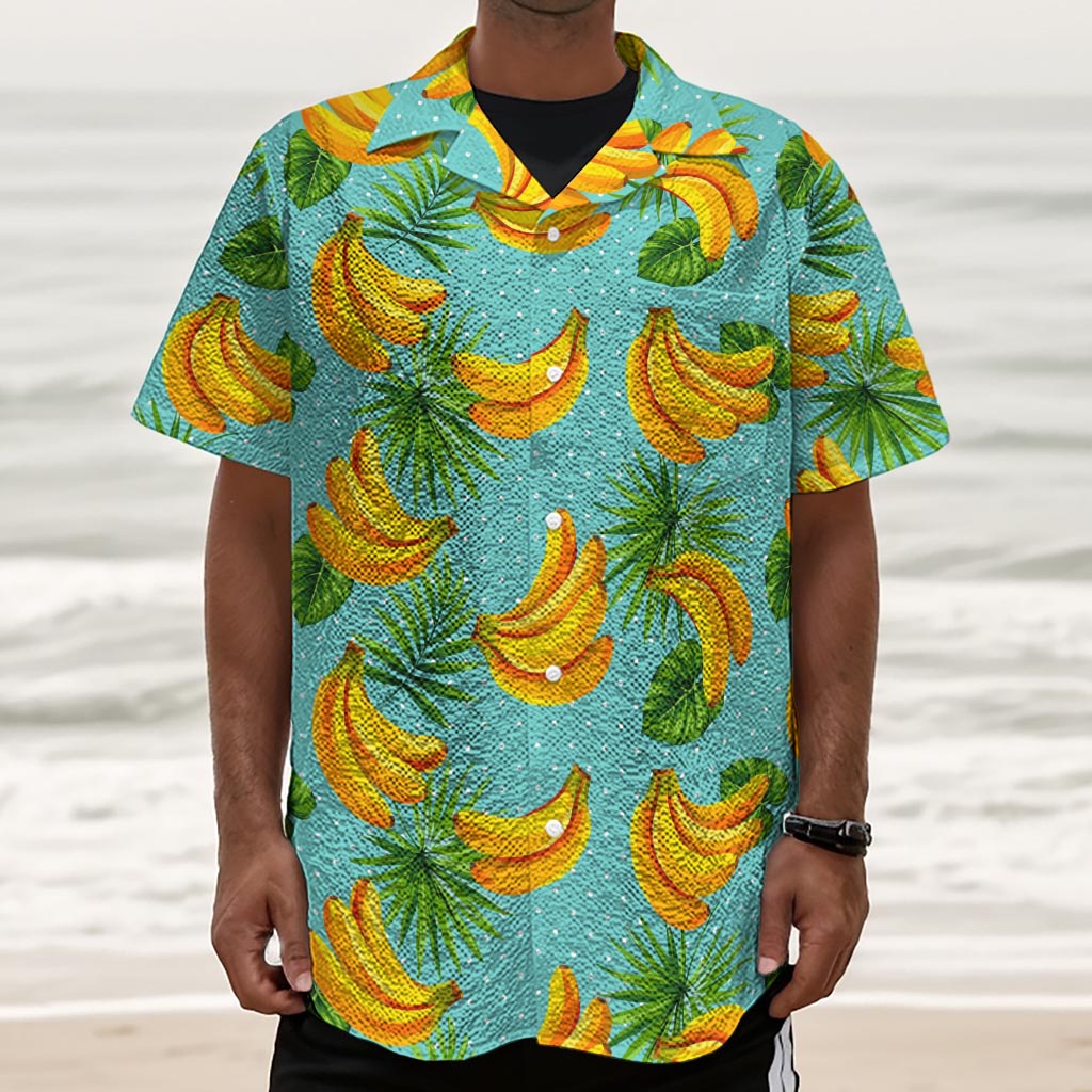 Banana Palm Leaf Pattern Print Textured Short Sleeve Shirt