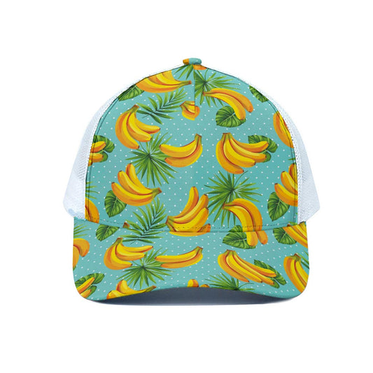 Banana Palm Leaf Pattern Print White Mesh Trucker Cap