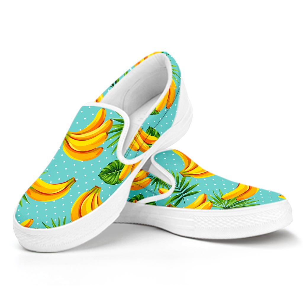 Banana Palm Leaf Pattern Print White Slip On Sneakers