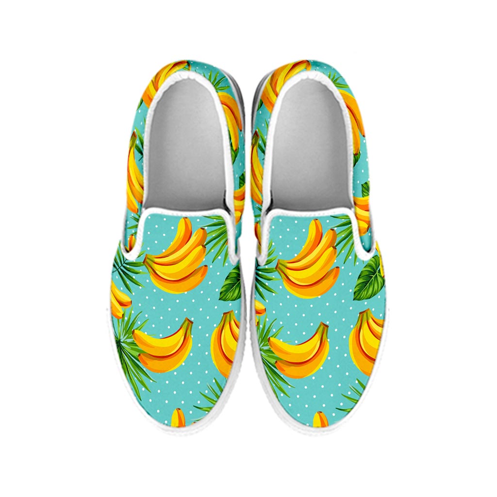 Banana Palm Leaf Pattern Print White Slip On Sneakers