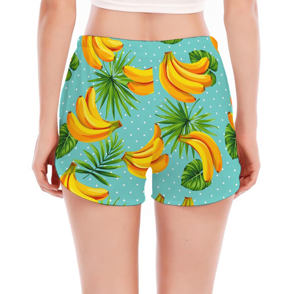 Banana Palm Leaf Pattern Print Women's Split Running Shorts