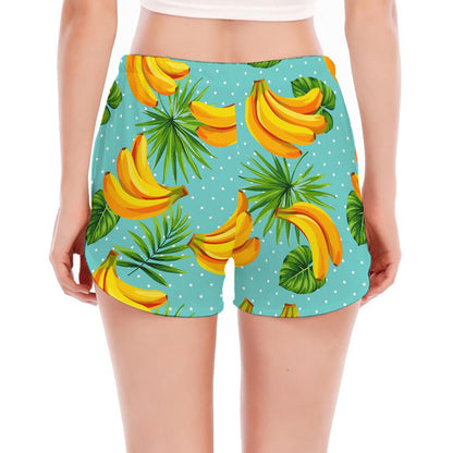 Banana Palm Leaf Pattern Print Women's Split Running Shorts