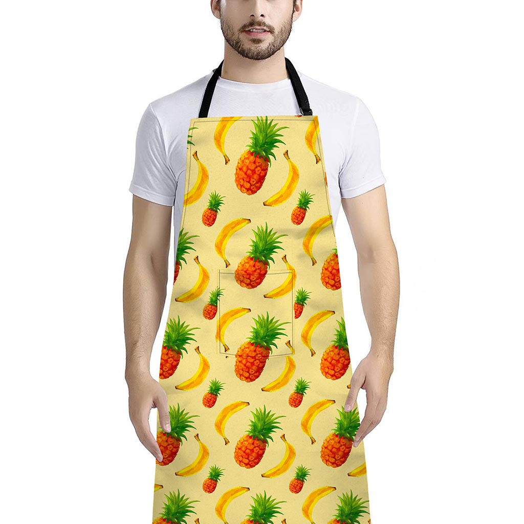 Banana Pineapple Pattern Print Bib Apron With Pocket