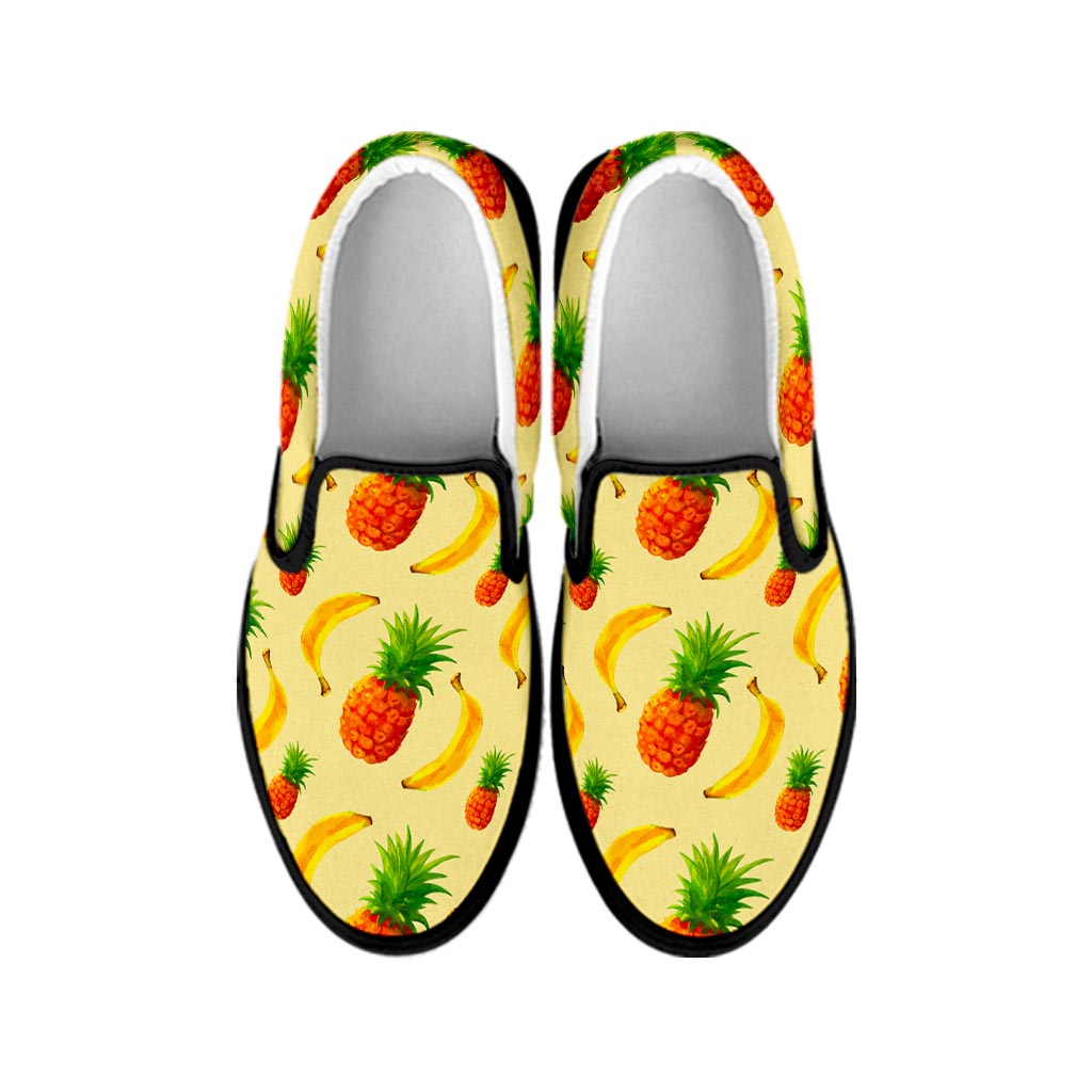 Banana Pineapple Pattern Print Black Slip On Sneakers