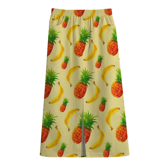 Banana Pineapple Pattern Print Cotton Front Slit Maxi Skirt