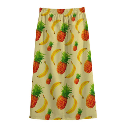 Banana Pineapple Pattern Print Cotton Front Slit Maxi Skirt