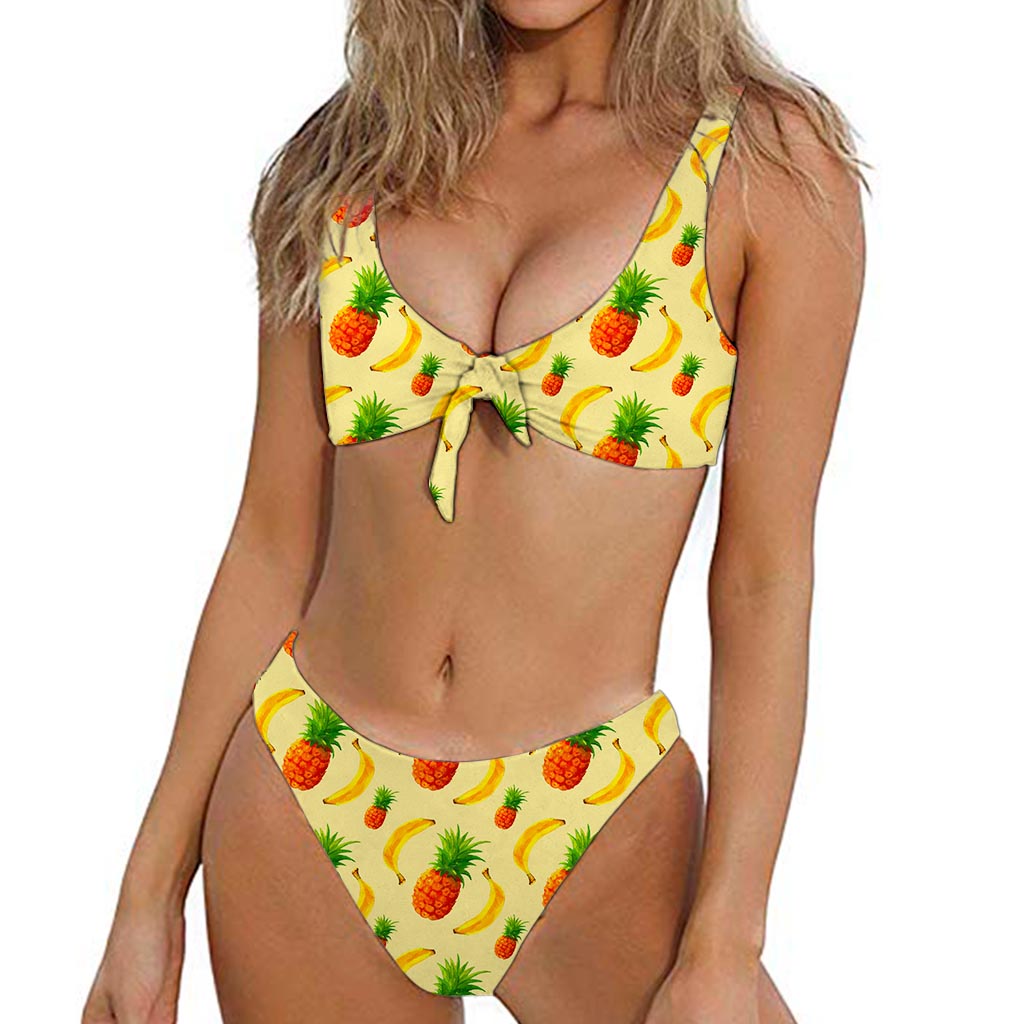 Banana Pineapple Pattern Print Front Bow Tie Bikini