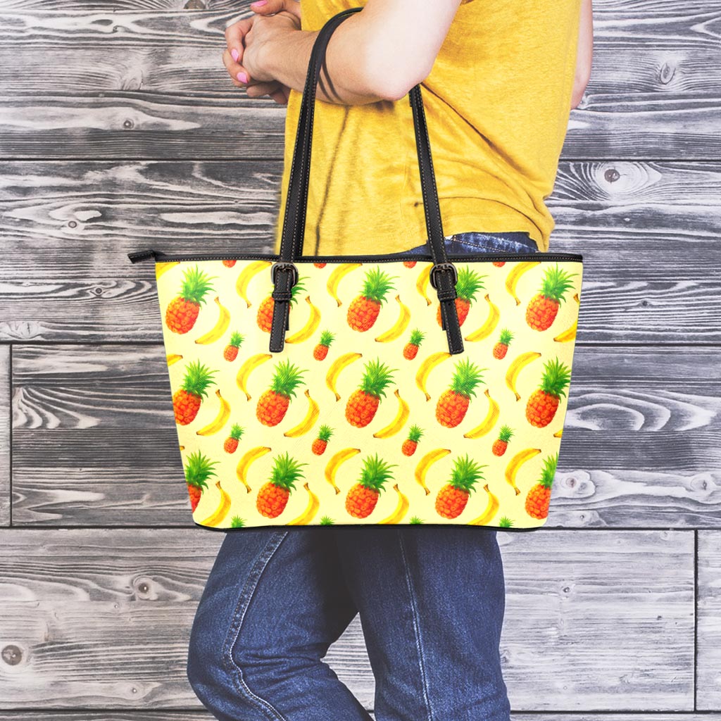 Banana Pineapple Pattern Print Leather Tote Bag