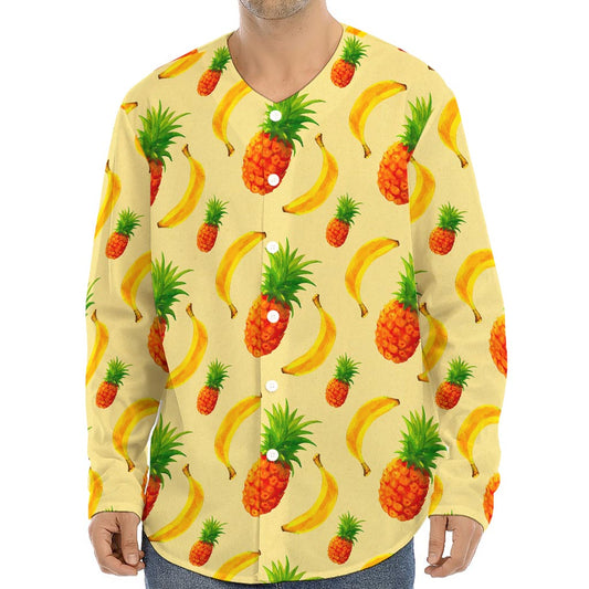 Banana Pineapple Pattern Print Long Sleeve Baseball Jersey