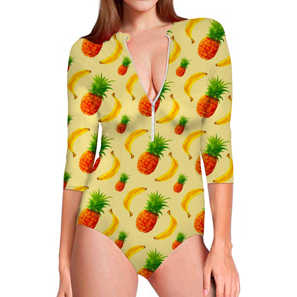Banana Pineapple Pattern Print Long Sleeve Swimsuit