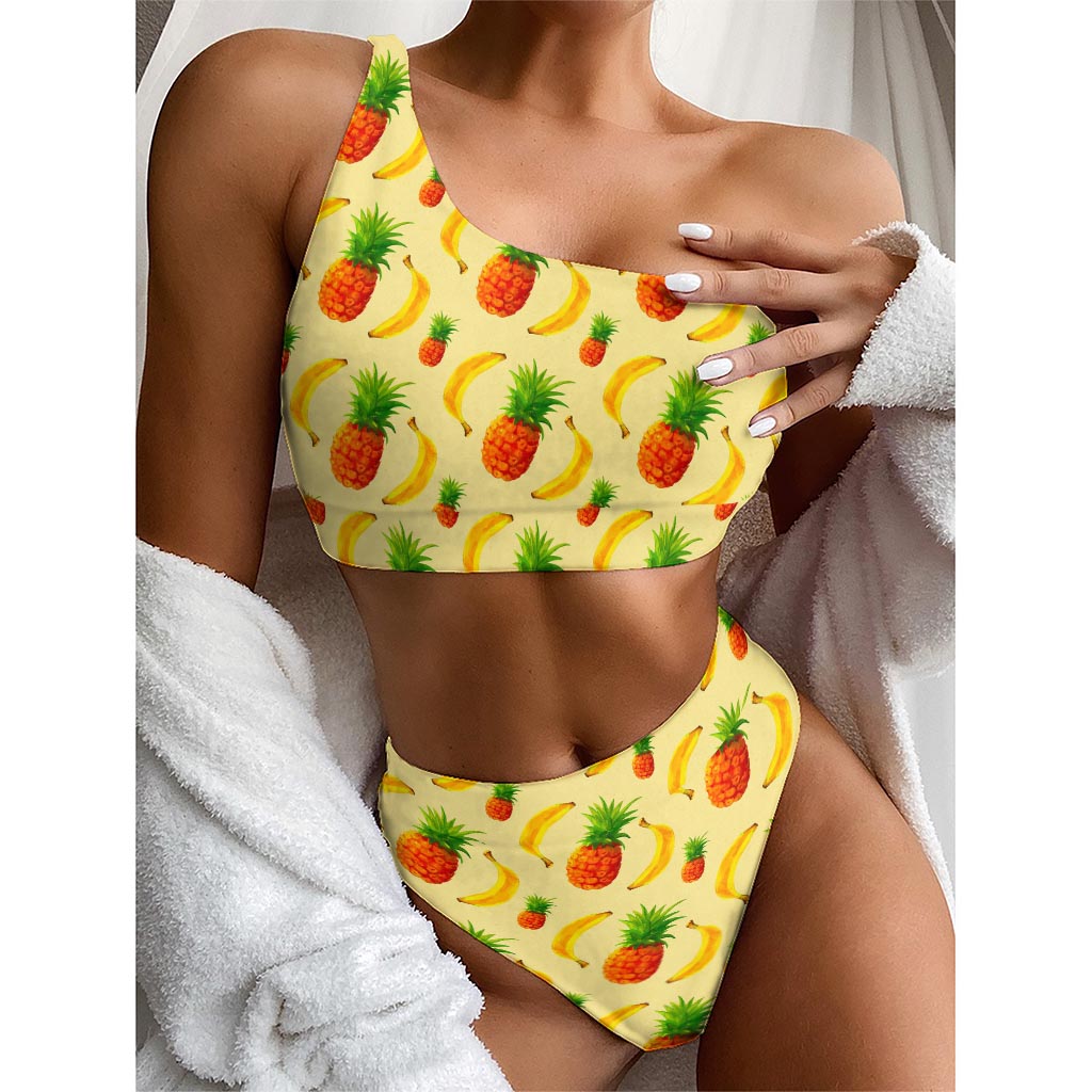 Banana Pineapple Pattern Print One Shoulder Bikini Top