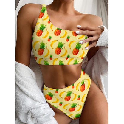 Banana Pineapple Pattern Print One Shoulder Bikini Top