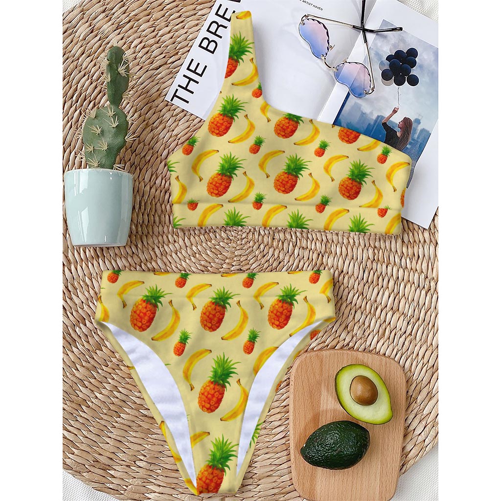 Banana Pineapple Pattern Print One Shoulder Bikini Top