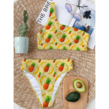 Banana Pineapple Pattern Print One Shoulder Bikini Top