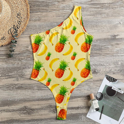 Banana Pineapple Pattern Print One Shoulder Bodysuit
