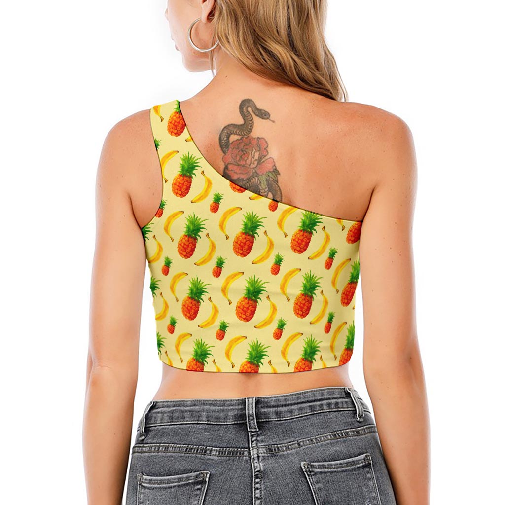 Banana Pineapple Pattern Print One Shoulder Crop Top