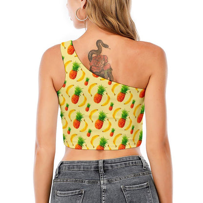 Banana Pineapple Pattern Print One Shoulder Crop Top