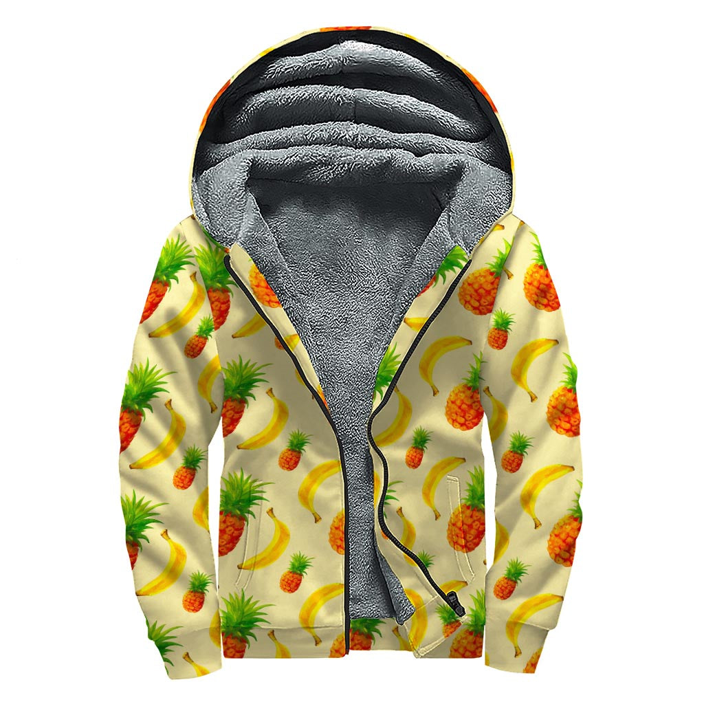 Banana Pineapple Pattern Print Sherpa Lined Zip Up Hoodie