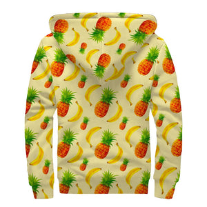 Banana Pineapple Pattern Print Sherpa Lined Zip Up Hoodie