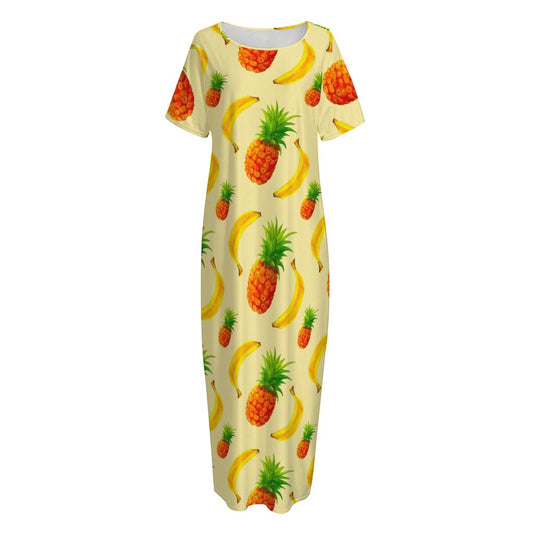Banana Pineapple Pattern Print Short Sleeve Long Nightdress