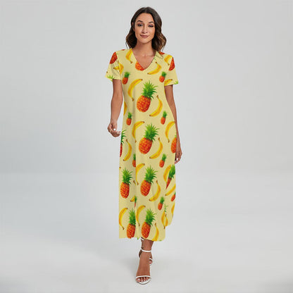 Banana Pineapple Pattern Print Short Sleeve Maxi Dress