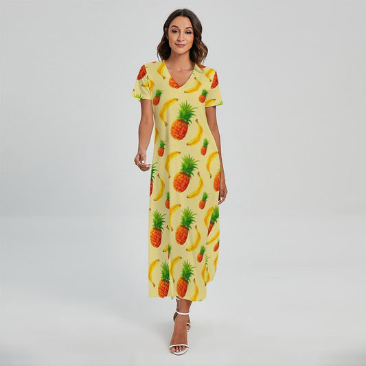 Banana Pineapple Pattern Print Short Sleeve Maxi Dress
