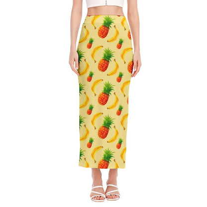Banana Pineapple Pattern Print Side Slit Maxi Skirt
